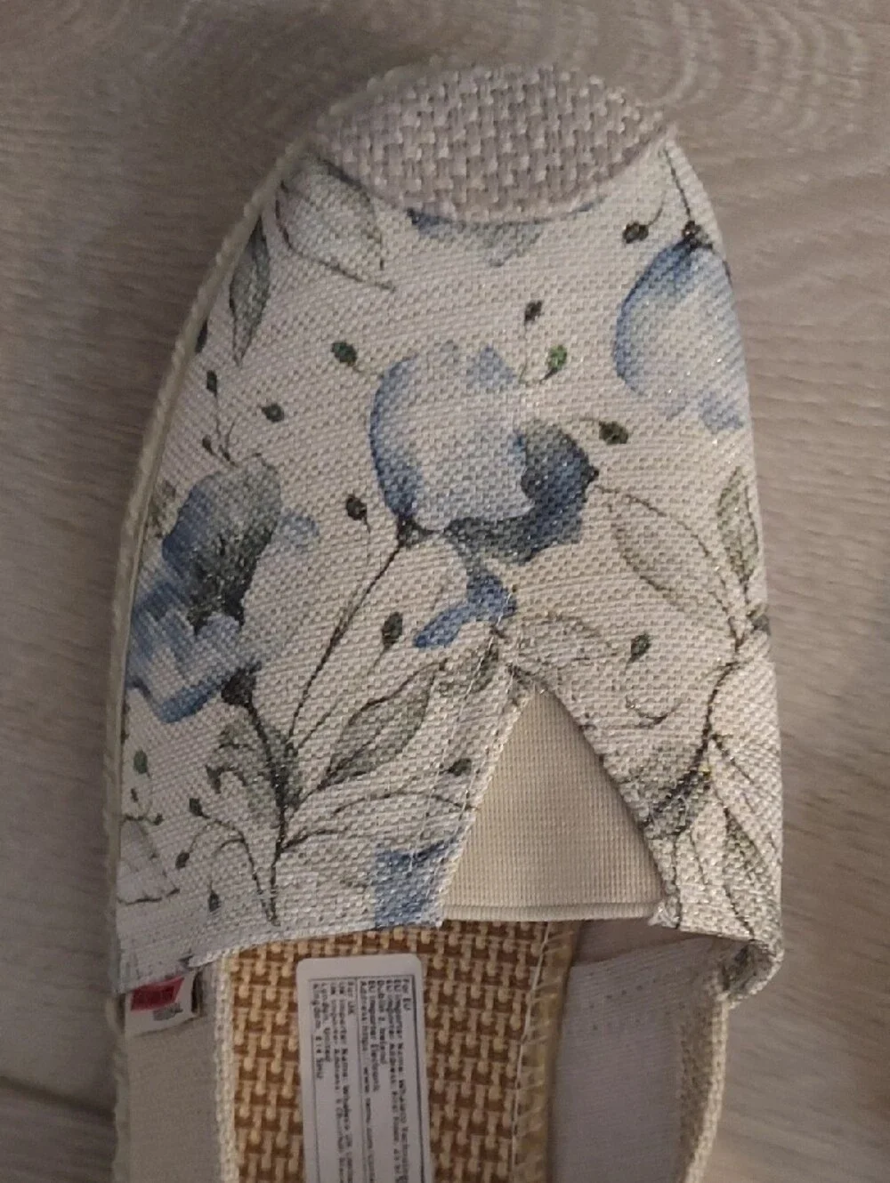 Women’s Cream Canvas Slip-On Espadrilles with Blue Floral Print